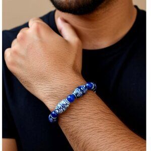 Vintage Blue & White Porcelain Beaded Stretch Bracelet  NWT (MJW023)